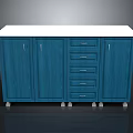 Modern Blue Cabinet With White Countertop Doors Drawers And Wheels
