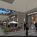Bustling Commercial Street With Brand Stores Glass Facades Outdoor Seating and Pedestrians