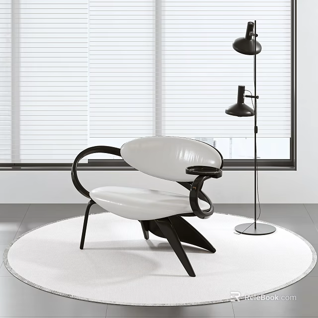 Modern Leisure Chair With White Seat Black Frame Floor Lamp And Blinds On White Rug 3d model 