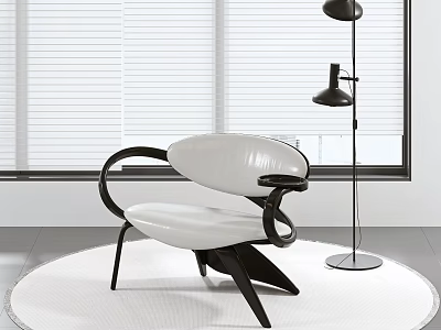 Modern Leisure Chair With White Seat Black Frame Floor Lamp And Blinds On White Rug 3d model