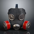 Gas Mask As Defensive Weapon With Black Body Red Filters And Silver Components