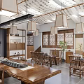Traditional Chinese Tea House Interior Design With Carved Ceiling Pendant Lights And Wooden Furniture