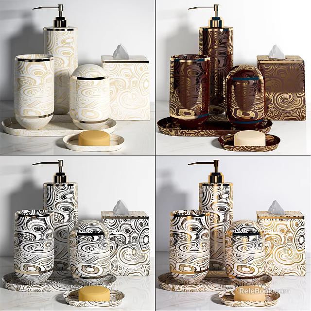 Stylish Bathroom Toiletries Set With Patterned Dispensers Soap Dishes Tissue Boxes 3d model 