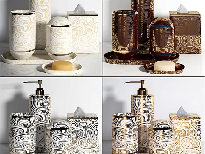 Stylish Bathroom Toiletries Set With Patterned Dispensers Soap Dishes Tissue Boxes 3d model