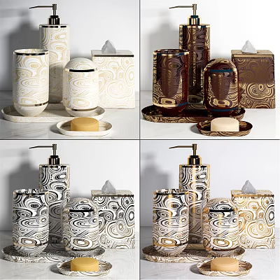 Stylish Bathroom Toiletries Set With Patterned Dispensers Soap Dishes Tissue Boxes 3d model