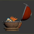 Blue Game Movie Character In Open Metal Container With Flaming Accents And Green Elements