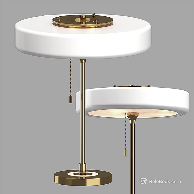 Modern White Round Table Lamp With Brass Stand And Pull Chain Switch 3d model 
