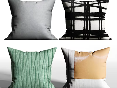 Modern Decorative Pillows with Gray Green Striped Black White Checkered and Beige Patchwork Designs 3d model