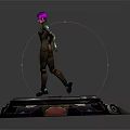Game Movie Character With Purple Hair Black Bodysuit And Blue Glowing Details On Circular Platform