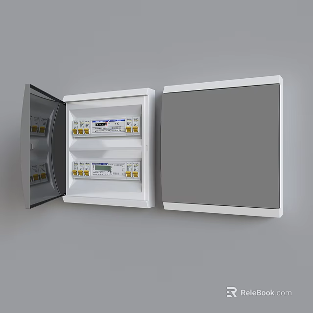 Industrial Electrical Distribution Box With Open Door And Circuit Breakers In White Enclosure 3d model 