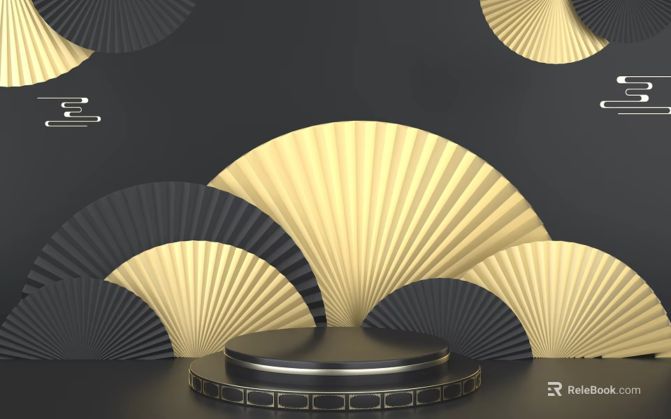 Black And Gold Fan Shaped Decor Background With Modern Display Pedestal For E Commerce Product 3d model 
