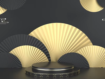 Black And Gold Fan Shaped Decor Background With Modern Display Pedestal For E Commerce Product 3d model