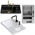 Black Kitchen Sink With Double Bowl Gold Faucet And Wooden Draining Board