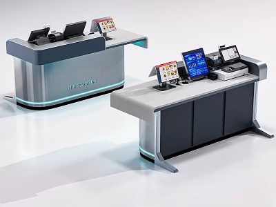 Modern Checkout Counter Design With Digital Screens And Payment Devices Setup 3d model