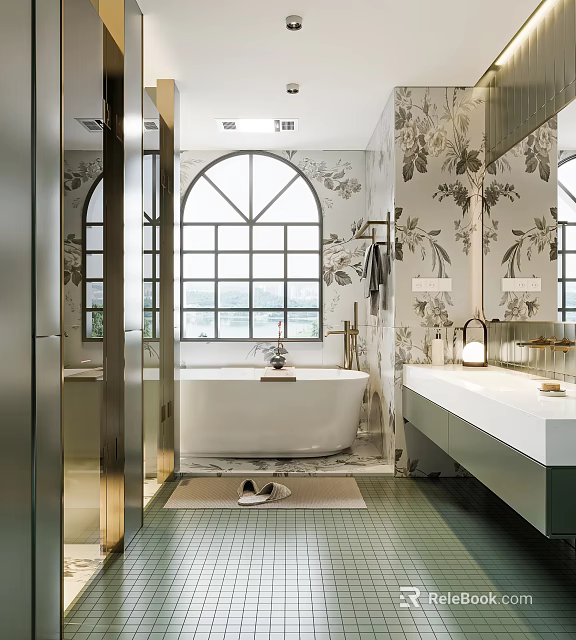 Elegant Bathroom Interior With Arched Window Floral Wallpaper Freestanding Bathtub And Large Mirror 3d model 
