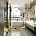 Elegant Bathroom Interior With Arched Window Floral Wallpaper Freestanding Bathtub And Large Mirror