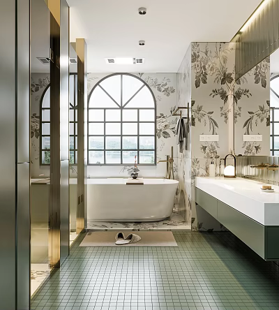 Elegant Bathroom Interior With Arched Window Floral Wallpaper Freestanding Bathtub And Large Mirror 3d model