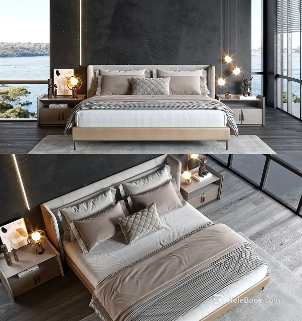 Modern Double Bed Bedroom Interior With Nightstands Table Lamps And Decorative Pillows 3d model 