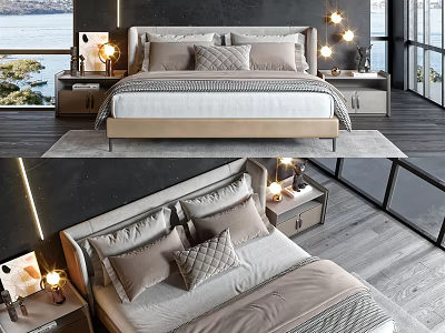 Modern Double Bed Bedroom Interior With Nightstands Table Lamps And Decorative Pillows 3d model