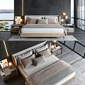 Modern Double Bed Bedroom Interior With Nightstands Table Lamps And Decorative Pillows