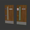 Brown Wooden Swing Doors With Glass Panels Signs And Concrete Bases