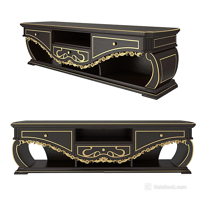 Elegant Black TV Stand With Gold Ornate Accents And Drawers For Living Room 3d model 