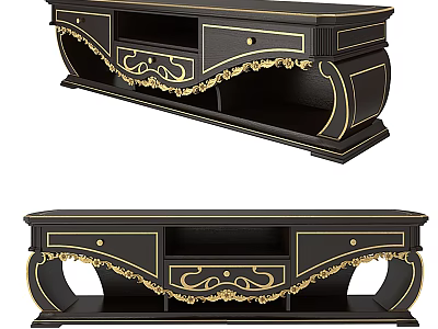 Elegant Black TV Stand With Gold Ornate Accents And Drawers For Living Room 3d model
