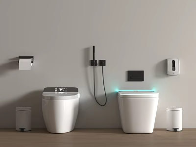 Two White Smart Toilets with Digital Displays and Bathroom Accessories in Modern Bathroom 3d model