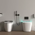 Two White Smart Toilets with Digital Displays and Bathroom Accessories in Modern Bathroom