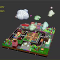 Cartoon City Scene With Streets Buildings Park Areas Green Trees And Floating Clouds