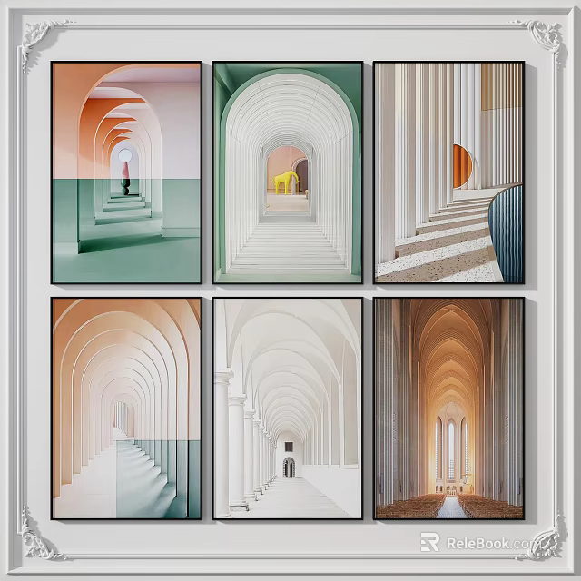 Colorful Architectural Arches In Modern Corridors With Staircases And Light Effects 3d model 