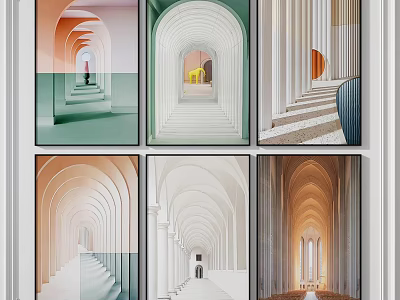 Colorful Architectural Arches In Modern Corridors With Staircases And Light Effects 3d model
