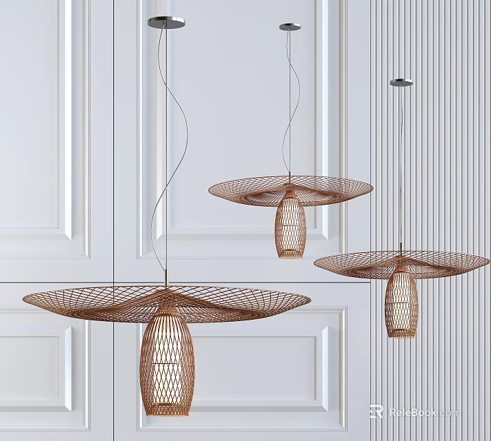 Woven Disc Shaped Pendant Lights For Modern Interior Decoration With White Wall Background 3d model