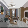 Modern Living and Dining Room Interior With Sofa Coffee Table TV Cabinet And Chandelier