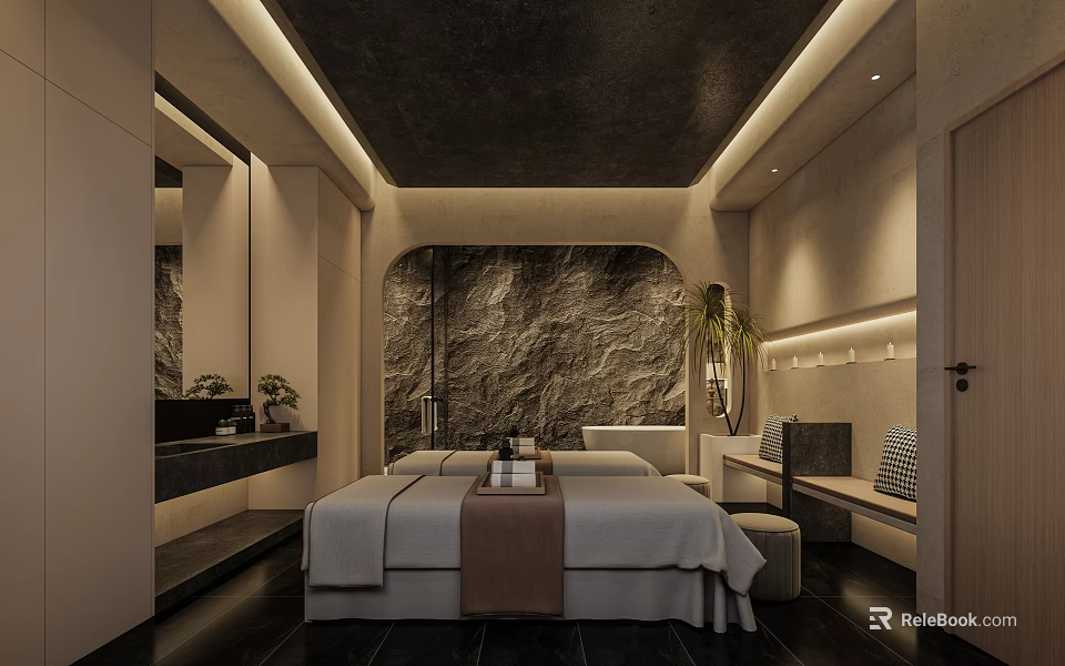 Elegant Beauty And Hair Salon Interior With Stone Wall Plant And Comfortable Treatment Bed 3d model 