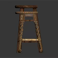 Two Wooden Stools Featuring Dark Simple Design And Decorative Patterned Top With Twisted Legs
