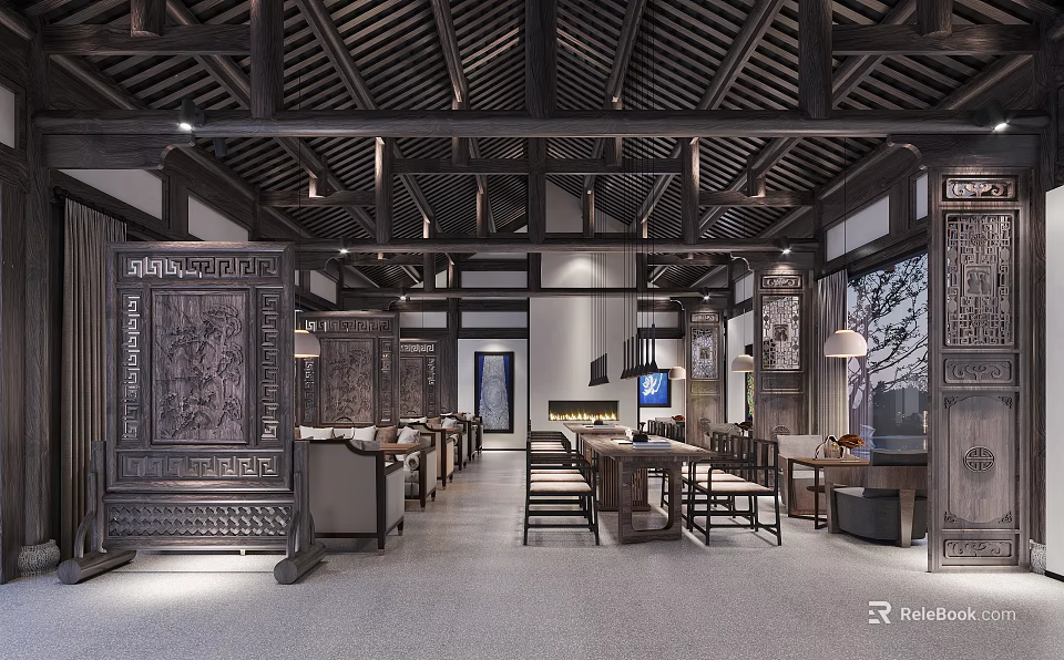 Traditional Chinese Interior Design With Wooden Ceiling Carved Screens And Elegant Furniture 3d model 
