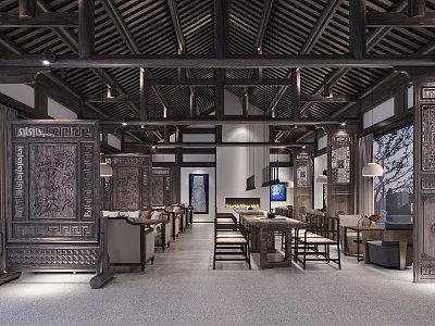 Traditional Chinese Interior Design With Wooden Ceiling Carved Screens And Elegant Furniture 3d model