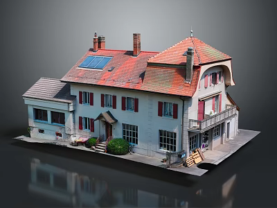 Traditional Style House With Red Roof Solar Panels White Walls And Red Shutters 3d model