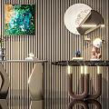 Elegant Modern Console Table With Colorful Decorative Painting Round Mirror And Metal Frame Lighting