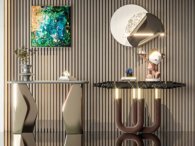 Elegant Modern Console Table With Colorful Decorative Painting Round Mirror And Metal Frame Lighting 3d model