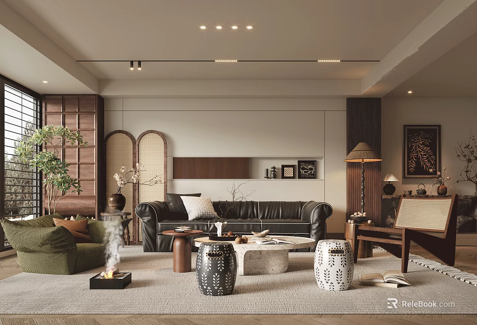 Modern Living Room Interior Design With Leather Sofa Coffee Table Area Rug And Potted Plants 3d model 