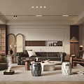 Modern Living Room Interior Design With Leather Sofa Coffee Table Area Rug And Potted Plants