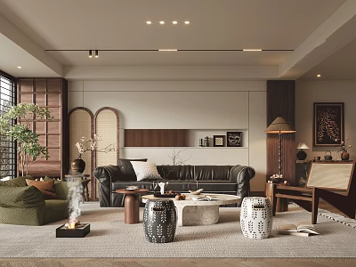 Modern Living Room Interior Design With Leather Sofa Coffee Table Area Rug And Potted Plants 3d model