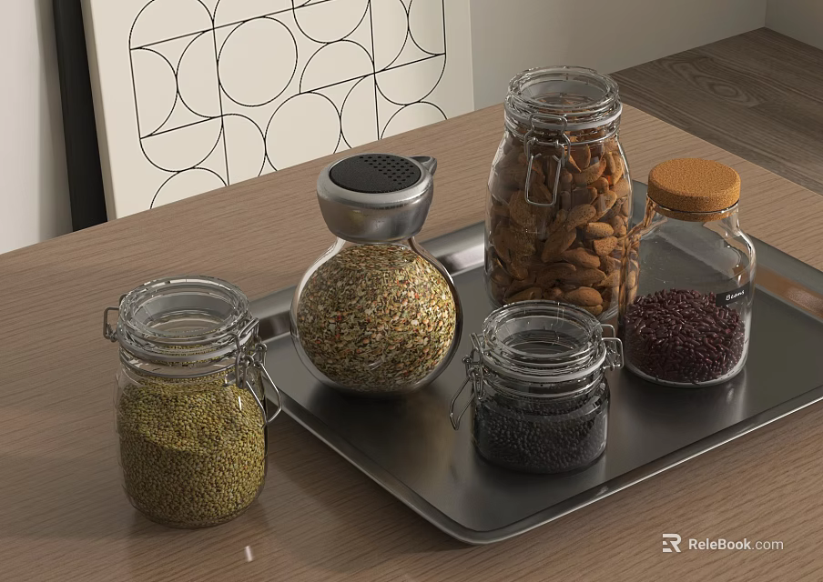 Clear Glass Spice Jars with Various Ingredients on Metal Tray Wooden Kitchen Tabletop 3d model 