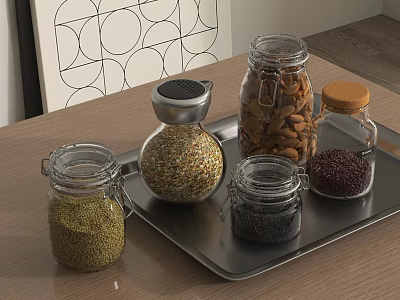 Clear Glass Spice Jars with Various Ingredients on Metal Tray Wooden Kitchen Tabletop 3d model