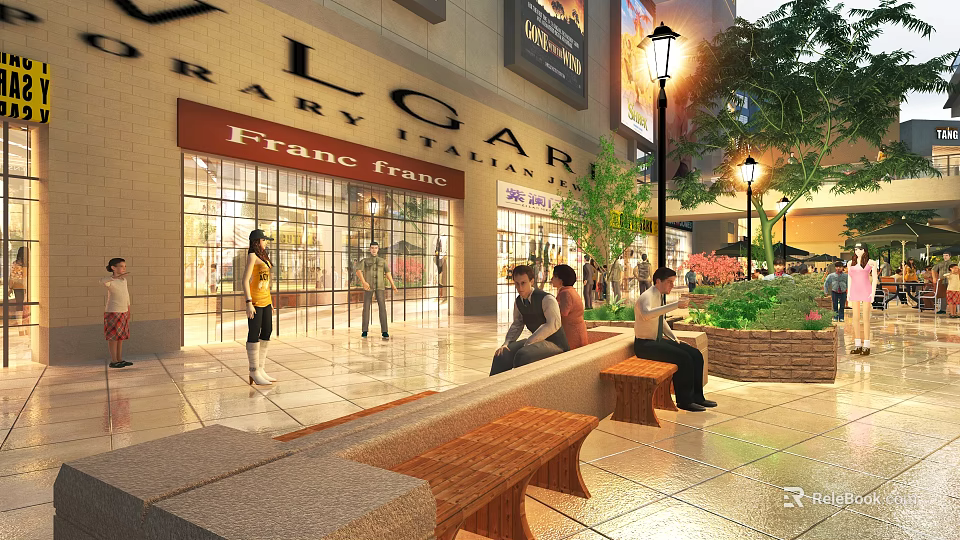 Lively Commercial Street Pedestrian Area with Storefronts Benches Street Lamps Green Plants and People Relaxing 3d model 