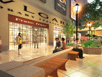 Lively Commercial Street Pedestrian Area with Storefronts Benches Street Lamps Green Plants and People Relaxing 3d model