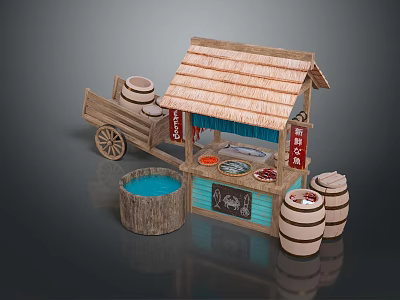Traditional Street Food Stall With Thatched Roof Wooden Cart Barrels And Display Counter 3d model