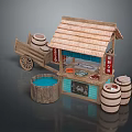 Traditional Street Food Stall With Thatched Roof Wooden Cart Barrels And Display Counter